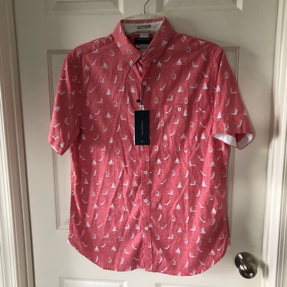 Sail boat button down red shirt large